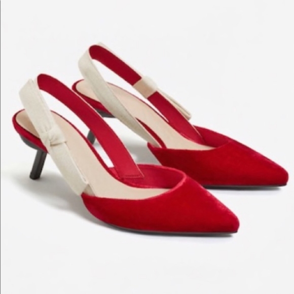 Red J'adior-Style Red Velvet Slingback Pumps Heels - Picture 4 of 5